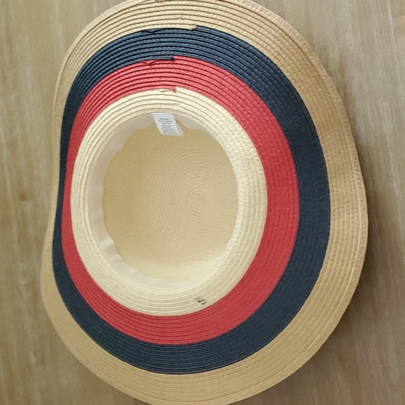 5" Wide Brim Straw Beach Hat - Tan, Red &  Blue - Picture 5 of 10